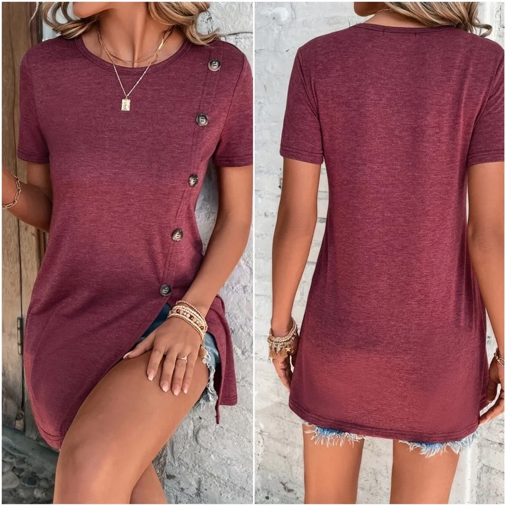 Burgundy Button Solid Tee - Picture 2 of 2